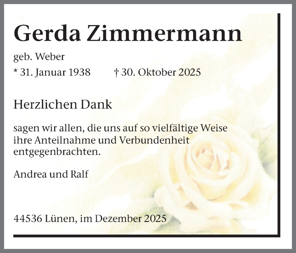  Traueranzeige für Gerda Zimmermann vom 20.12.2025 aus Lüner Anzeiger
