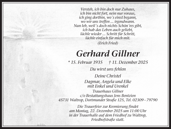 Traueranzeige von Gerhard Gillner von Trauer Vest