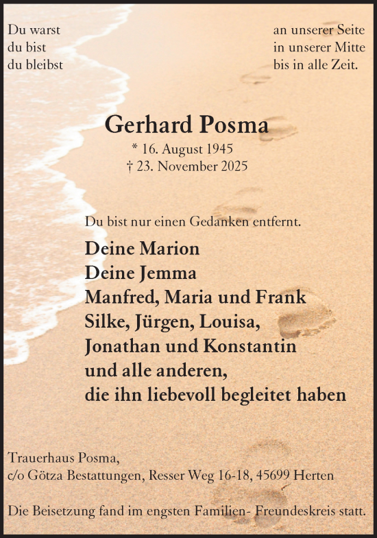 Traueranzeige von Gerhard Posma von Trauer Vest