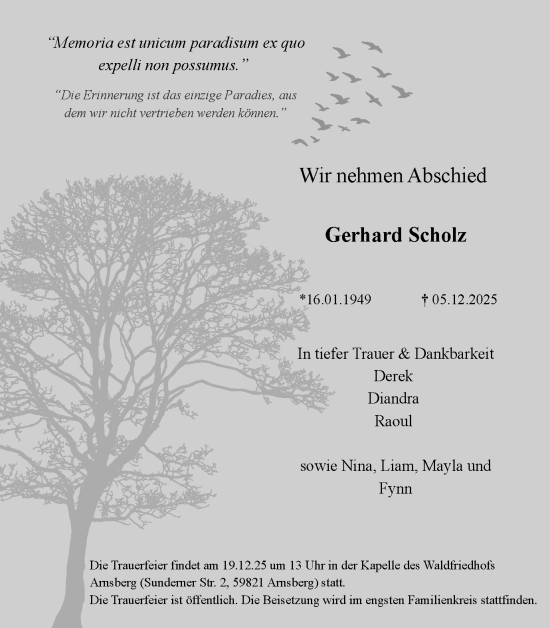 Traueranzeige von Gerhard Scholz von Ruhr Nachrichten