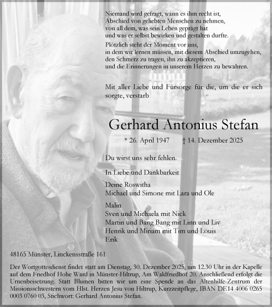 Traueranzeige von Gerhard Antonius Stefan von Münsterland Zeitung