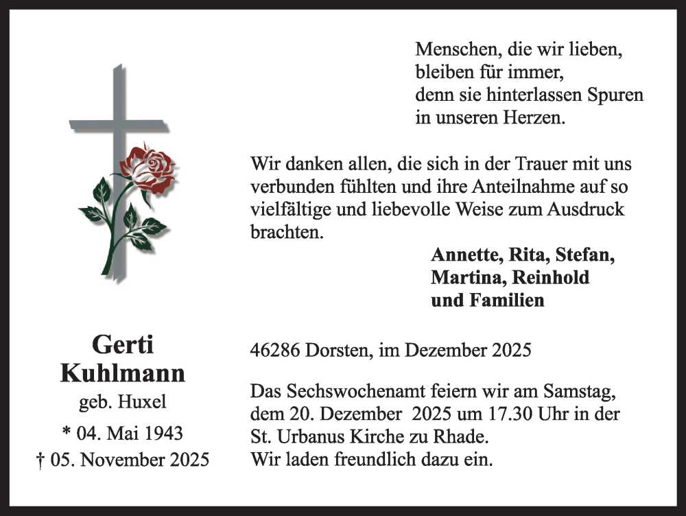  Traueranzeige für Gerti Kuhlmann vom 13.12.2025 aus Ruhr Nachrichten und Dorstener Zeitung