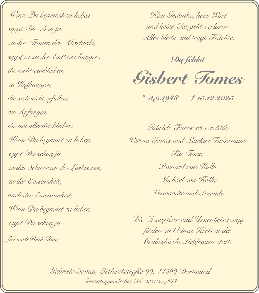  Traueranzeige für Gisbert Tomes vom 27.12.2025 aus Ruhr Nachrichten