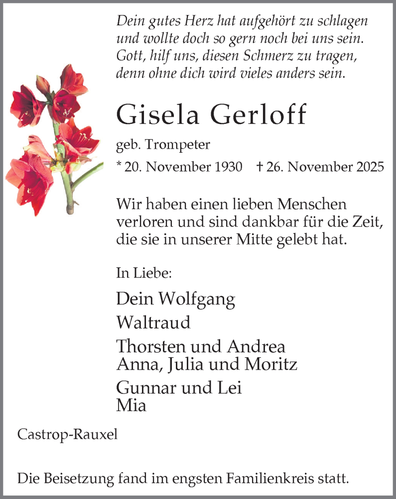  Traueranzeige für Gisela Gerloff vom 06.12.2025 aus Stadtanzeiger Castrop-Rauxel