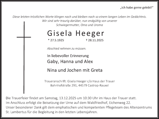 Traueranzeige von Gisela Heeger von Stadtanzeiger Castrop-Rauxel