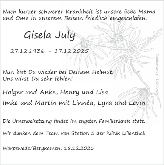 Traueranzeige von Gisela July von Hellweger Anzeiger