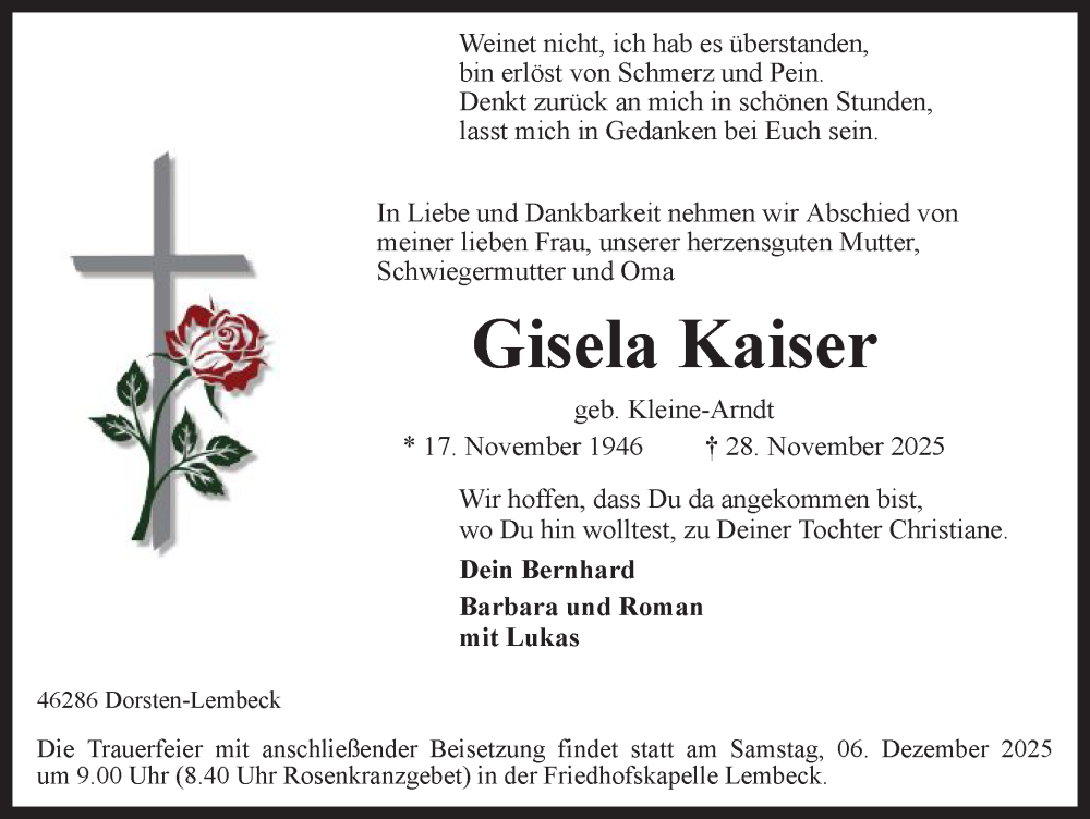  Traueranzeige für Gisela Kaiser vom 03.12.2025 aus Ruhr Nachrichten und Dorstener Zeitung
