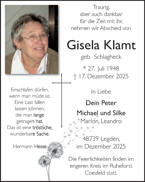 Traueranzeige von Gisela Klamt von Münsterland Zeitung