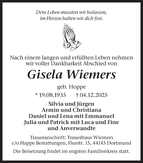 Traueranzeige von Gisela Wiemers von Ruhr Nachrichten