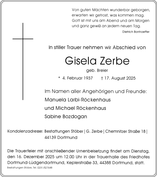 Traueranzeige von Gisela Zerbe von Ruhr Nachrichten