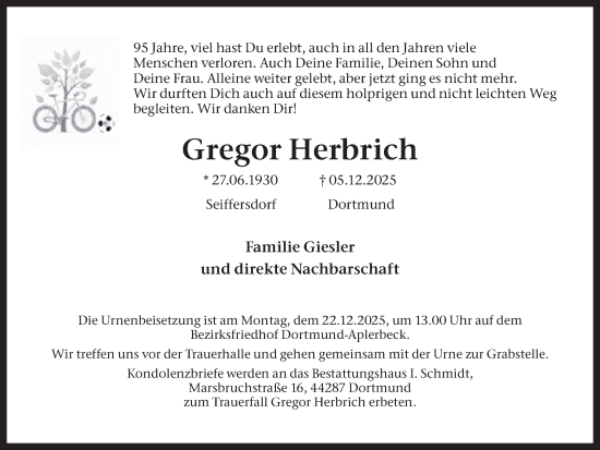 Traueranzeige von Gregor Herbrich von Ruhr Nachrichten