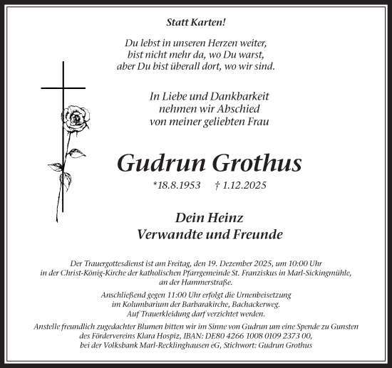 Traueranzeige von Gudrun Grothus von Trauer Vest