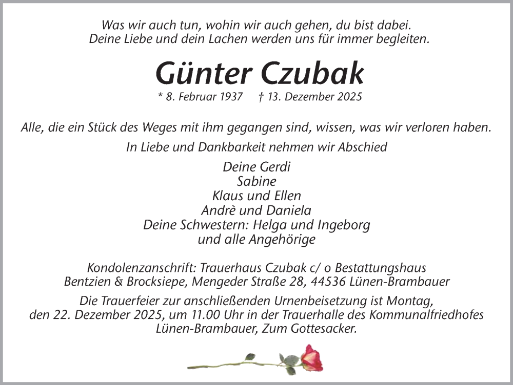  Traueranzeige für Günter Czubak vom 20.12.2025 aus Lüner Anzeiger