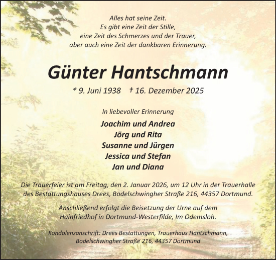 Traueranzeige von Günter Hantschmann von Stadtanzeiger Castrop-Rauxel