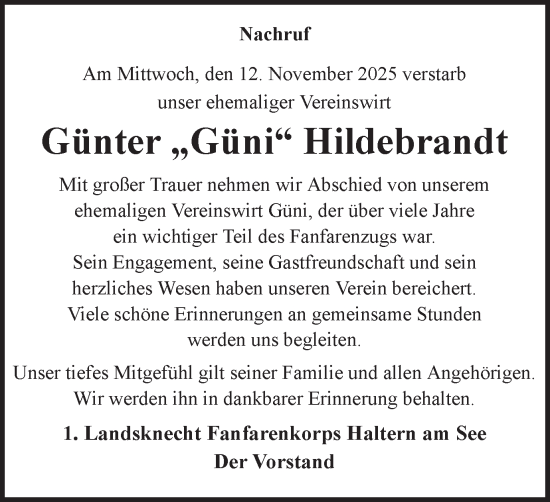 Traueranzeige von Günter Hildebrandt von Ruhr Nachrichten und Halterner Zeitung