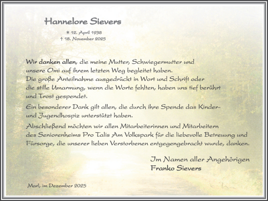 Traueranzeige von Hannelore Sievers von Trauer Vest