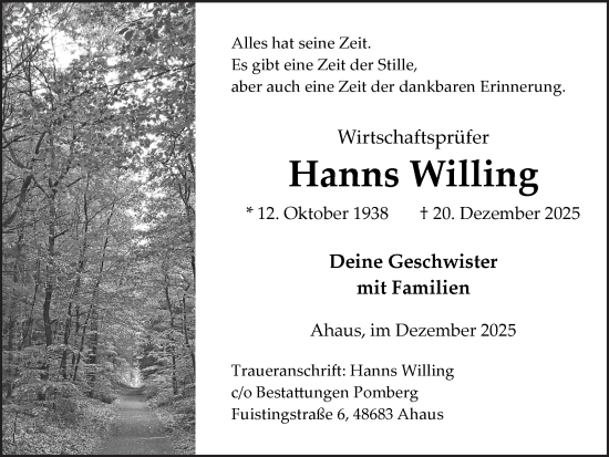 Traueranzeige von Hanns Willing von Münsterland Zeitung