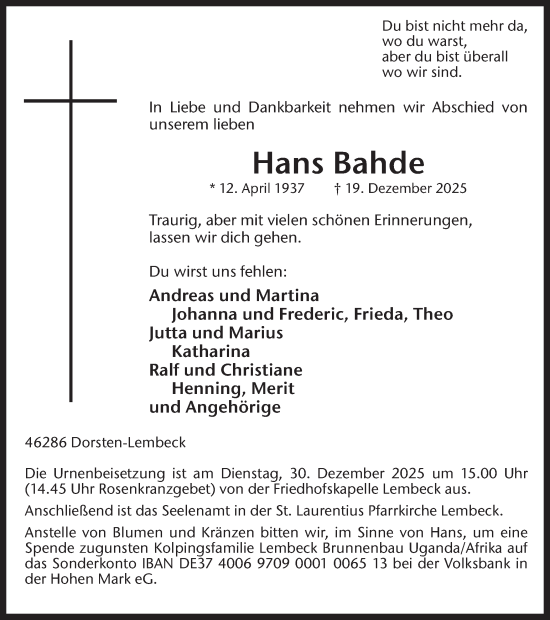 Traueranzeige von Hans Bahde von Ruhr Nachrichten und Dorstener Zeitung