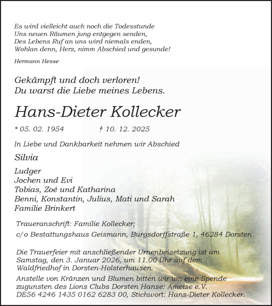 Traueranzeige von Hans-Dieter Kollecker von Ruhr Nachrichten und Dorstener Zeitung
