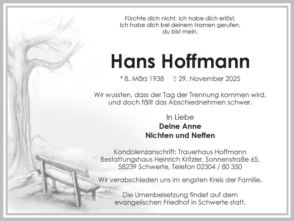  Traueranzeige für Hans Hoffmann vom 06.12.2025 aus Ruhr Nachrichten