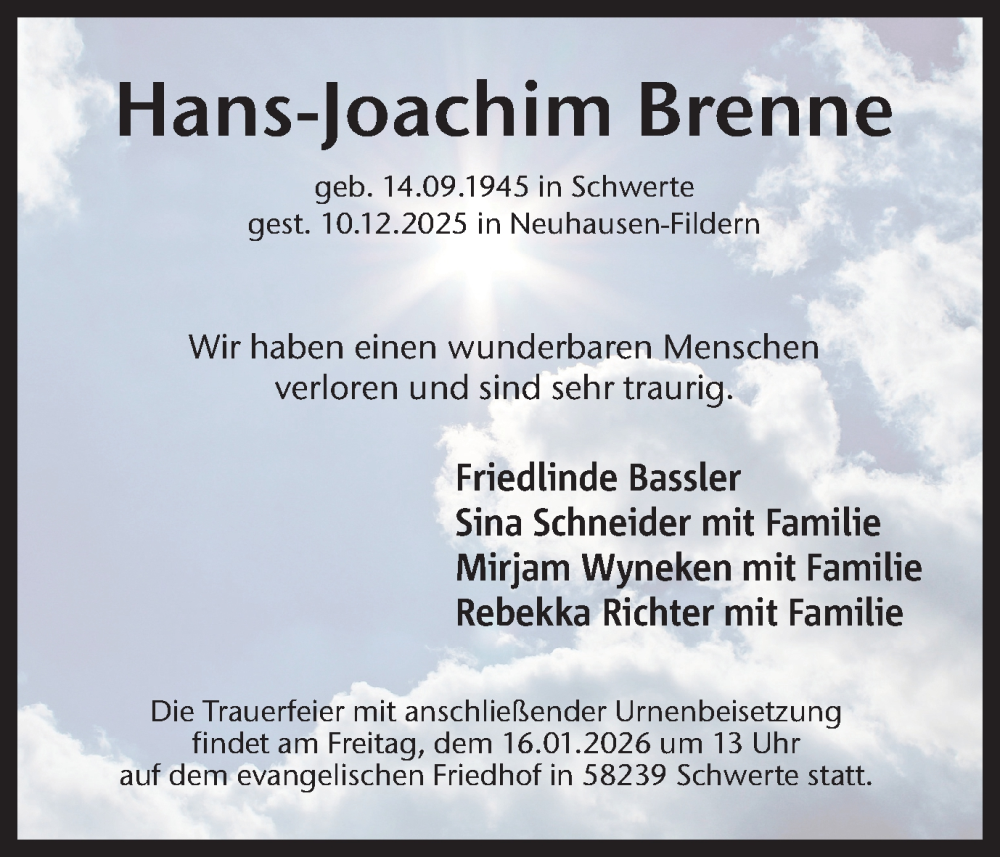  Traueranzeige für Hans-Joachim Brenne vom 20.12.2025 aus Ruhr Nachrichten