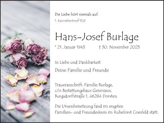Traueranzeige von Hans-Josef Burlage von Ruhr Nachrichten und Dorstener Zeitung