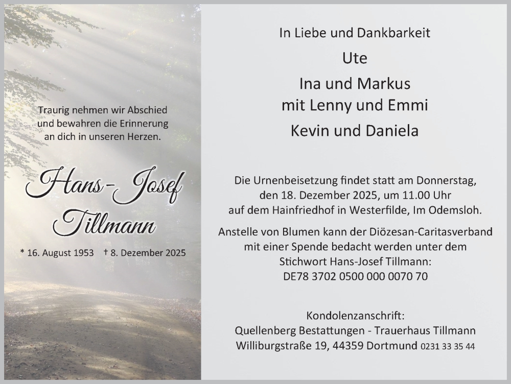  Traueranzeige für Hans-Josef Tillmann vom 17.12.2025 aus Ruhr Nachrichten