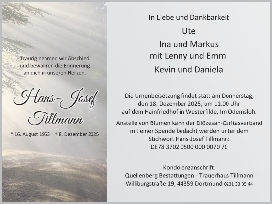 Traueranzeige von Hans-Josef Tillmann von Ruhr Nachrichten