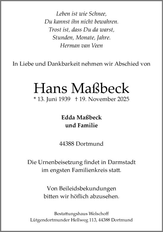 Traueranzeige von Hans Maßbeck von Ruhr Nachrichten