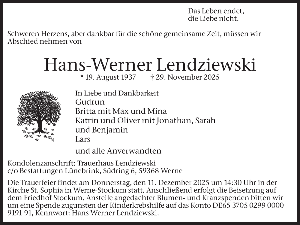  Traueranzeige für Hans-Werner Lendziewski vom 06.12.2025 aus Ruhr Nachrichten