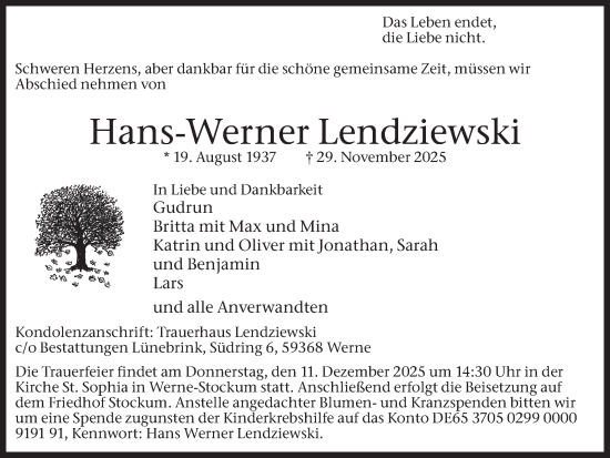 Traueranzeige von Hans-Werner Lendziewski von Ruhr Nachrichten