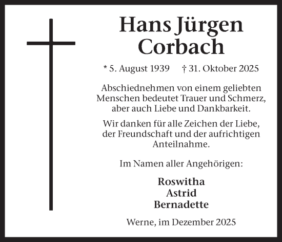 Traueranzeige von Hans Jürgen Corbach von Ruhr Nachrichten