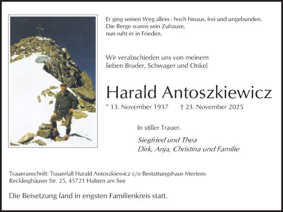 Traueranzeige von Harald Antoszkiewicz von Ruhr Nachrichten und Halterner Zeitung