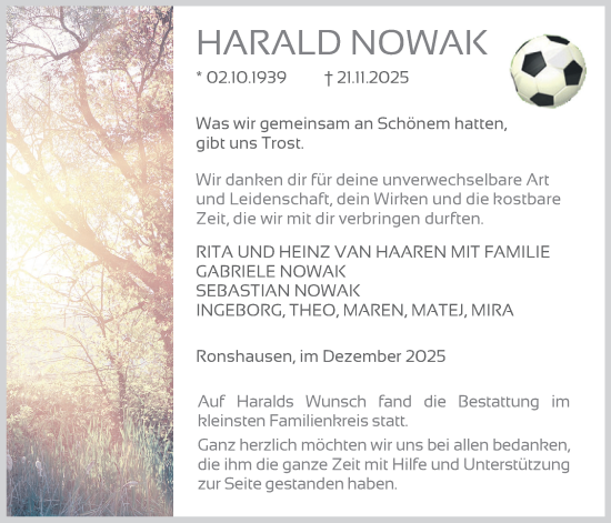 Traueranzeige von Harald Nowak von Trauer Vest