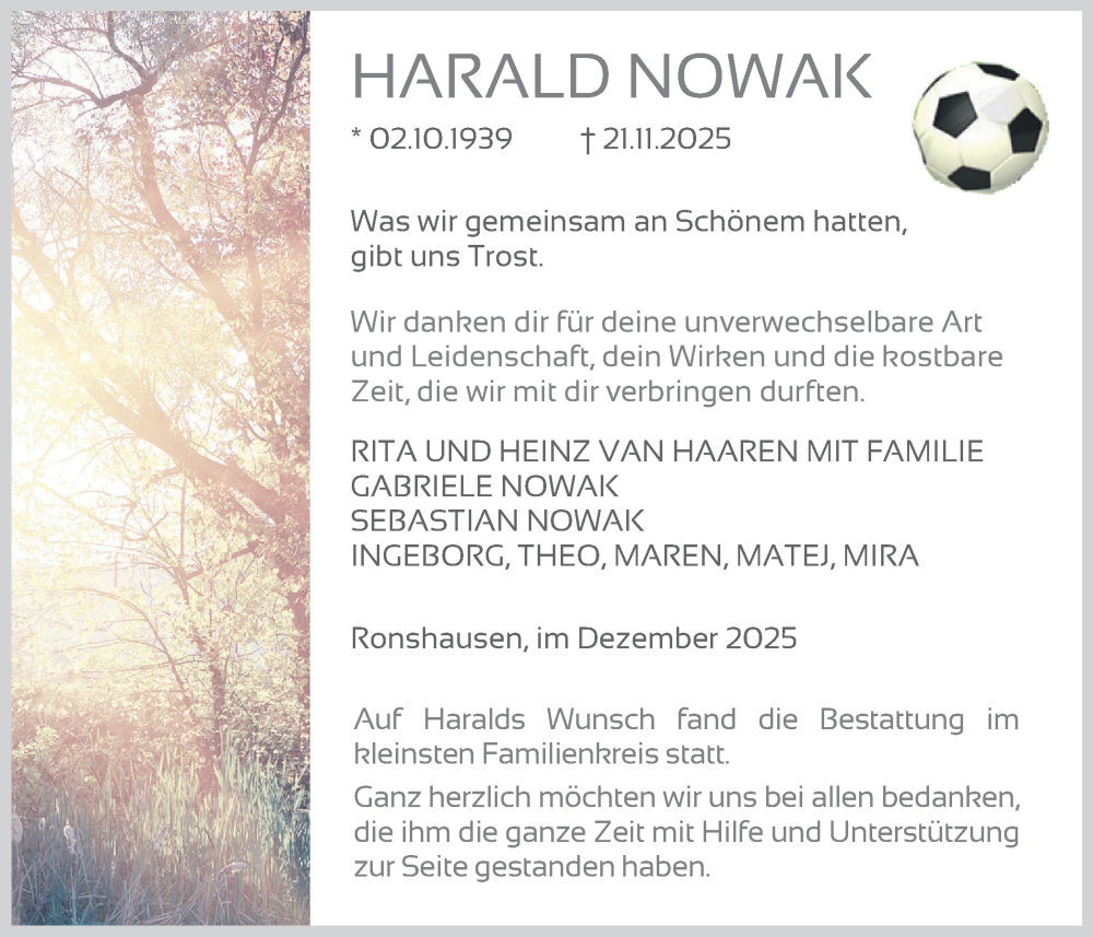  Traueranzeige für Harald Nowak vom 13.12.2025 aus Trauer Vest