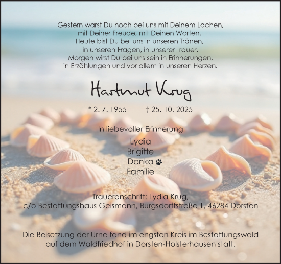 Traueranzeige von Hartmut Krug von Ruhr Nachrichten und Dorstener Zeitung