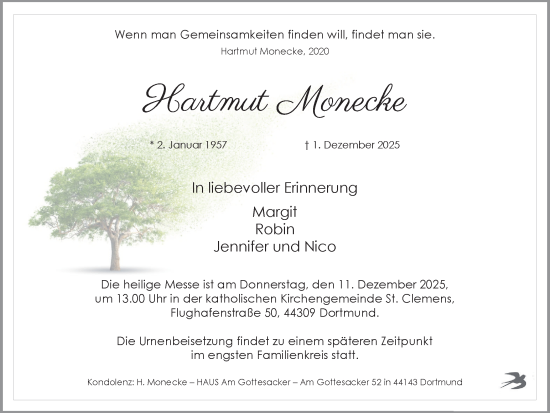 Traueranzeige von Hartmut Monecke von Ruhr Nachrichten