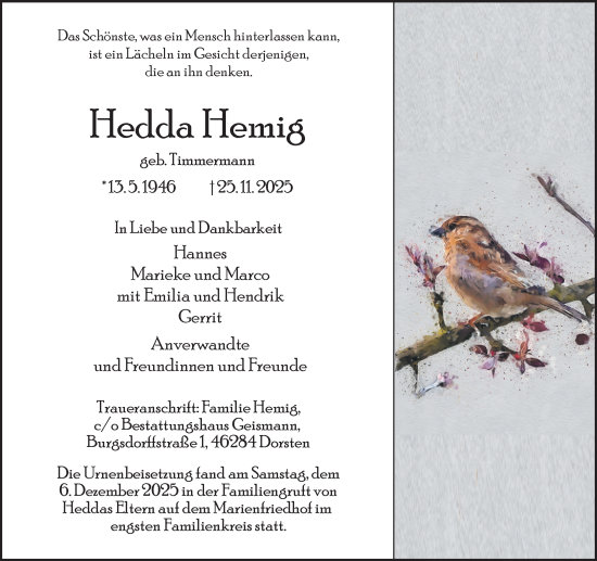 Traueranzeige von Hedda Hemig von Ruhr Nachrichten und Dorstener Zeitung