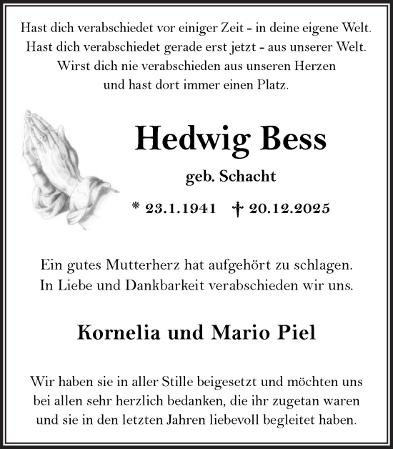 Traueranzeige von Hedwig Bess von Trauer Vest