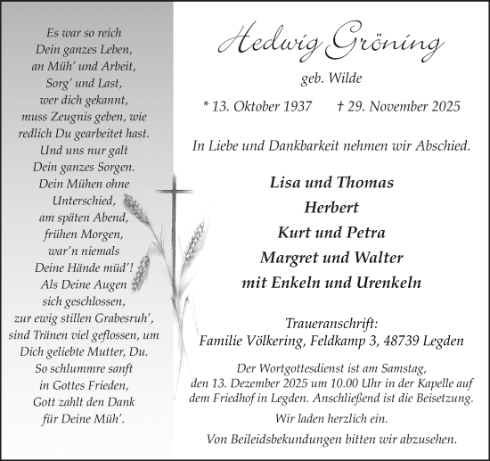 Traueranzeige von Hedwig Gröning von Münsterland Zeitung