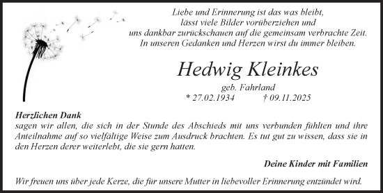 Traueranzeige von Hedwig Kleinkes 
