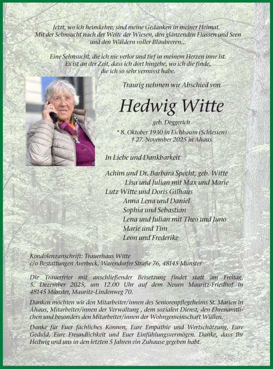 Traueranzeige von Hedwig Witte von Münsterland Zeitung