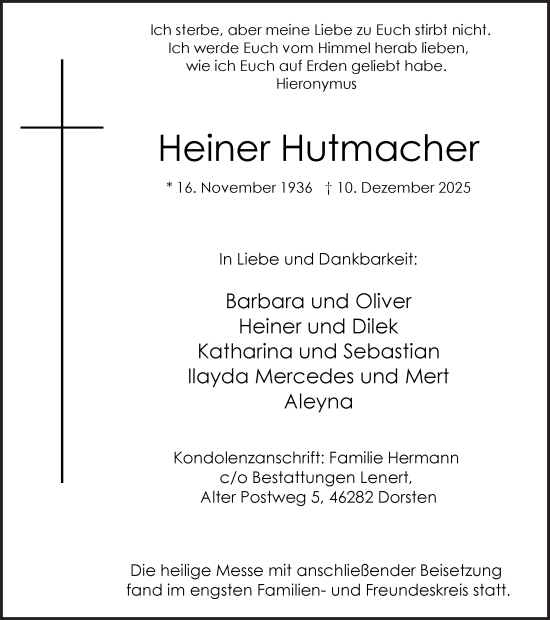Traueranzeige von Heiner Hutmacher von Ruhr Nachrichten und Dorstener Zeitung