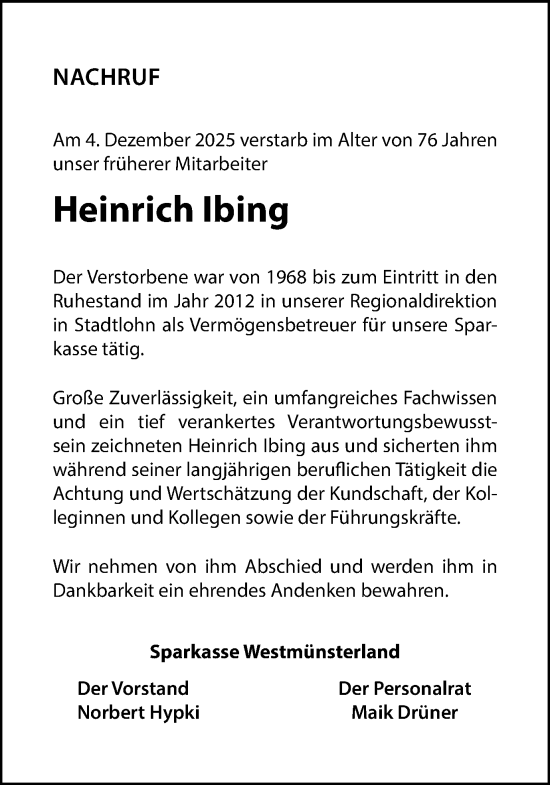 Traueranzeige von Heinrich Ibing von Münsterland Zeitung