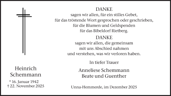 Traueranzeige von Heinrich Schemmann von Hellweger Anzeiger