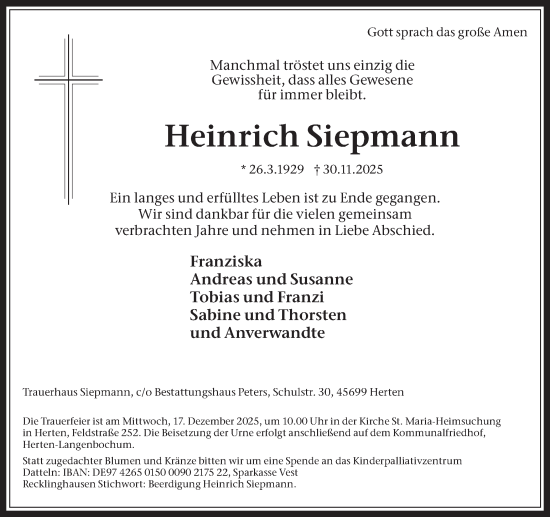 Traueranzeige von Heinrich Siepmann von Trauer Vest
