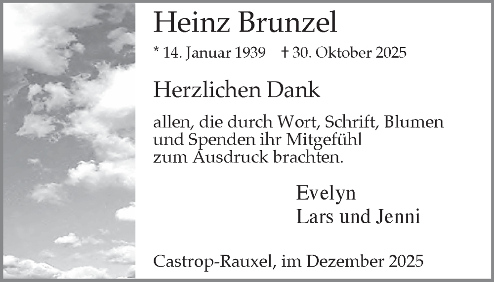  Traueranzeige für Heinz Brunzel vom 06.12.2025 aus Stadtanzeiger Castrop-Rauxel