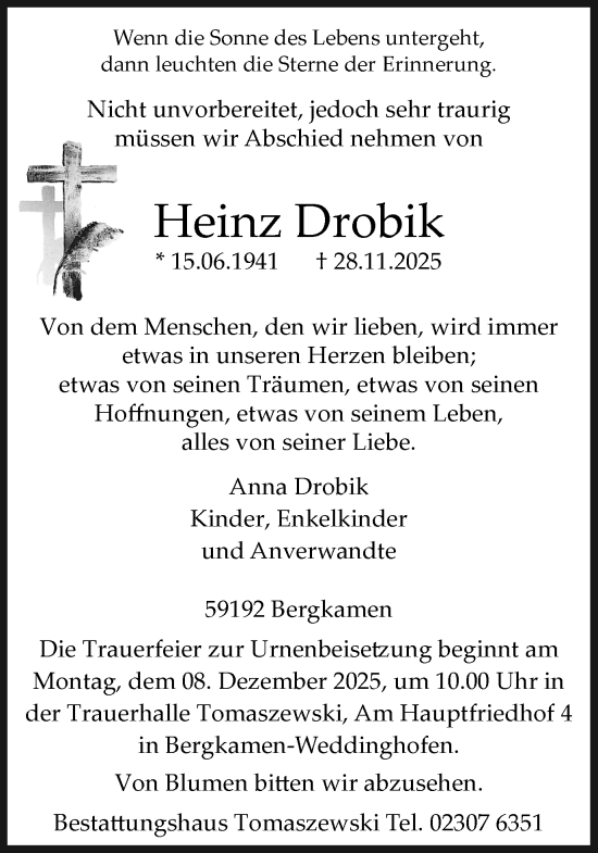 Traueranzeige von Heinz Drobik von Hellweger Anzeiger