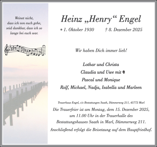 Traueranzeige von Heinz  Engel von Trauer Vest