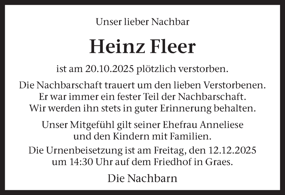  Traueranzeige für Heinz Fleer vom 10.12.2025 aus Münsterland Zeitung